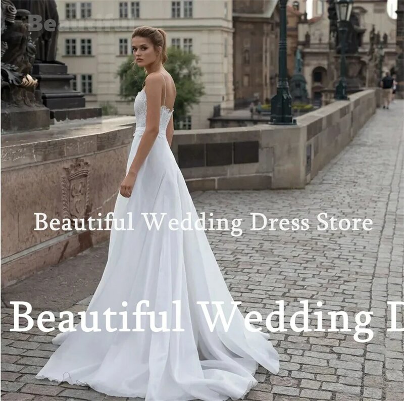 فستان زفاف بسيط بطول على شكل حرف A ، أحزمة معكرونة مثيرة ، مزين بالدانتيل ، فستان زفاف ، أبيض ، جديد ، spown