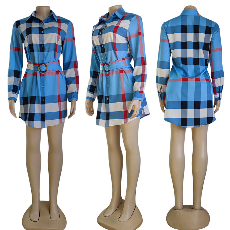 QIWN اللون مطابقة منقوشة طباعة بلوزة مع حزام التخسيس نمط الخريف واحدة الصدر قميص فستان ، 4 الألوان المتاحة