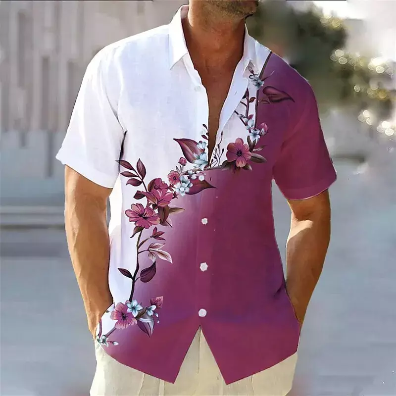 قميص هاواي للرجال بأكمام قصيرة ، طباعة زهور متدرجة ، بلوزة مريحة غير رسمية مفتوحة بطية صدر ، راقية