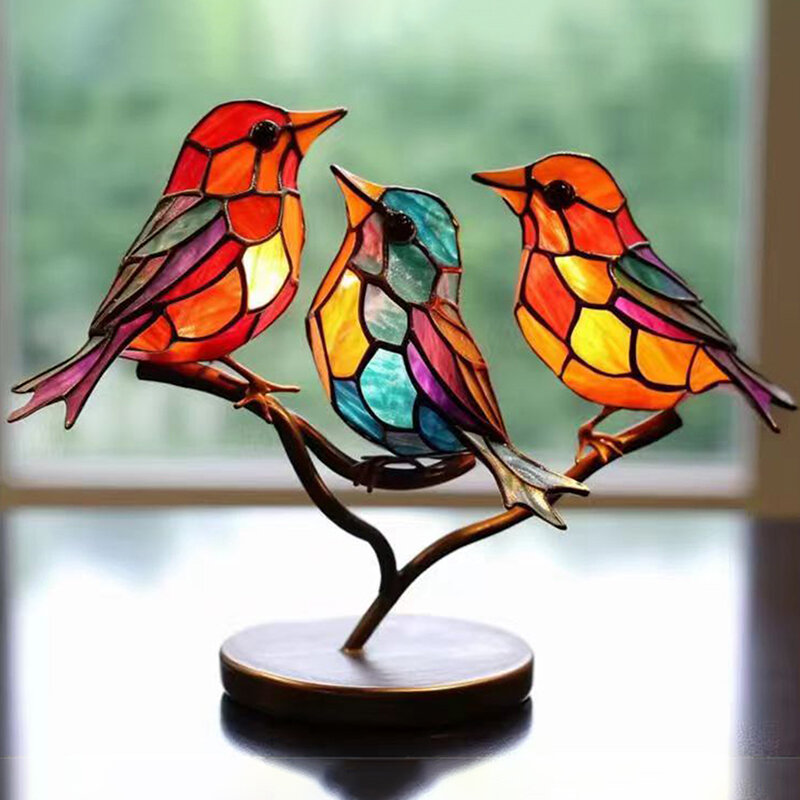 طيور أكريليك ملطخة على فرع زخارف سطح المكتب ، تمثال حرفي للطيور على الوجهين متعدد الألوان ، زخارف سطح المكتب