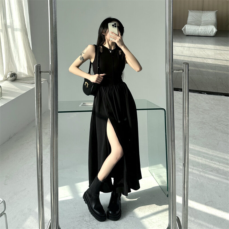 Y2K Black Tank Dress Women Fashion French Elegant Slim Round Neck Hollow Out Split Long Dresses Summer New