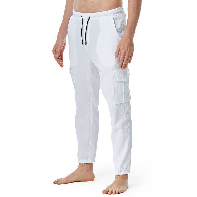جديد الرجال Pants غير رسمية الصيف الكتان القطن بلون جيوب مستقيم بنطلون الذكور السببية Sweatpants السراويل المرنة