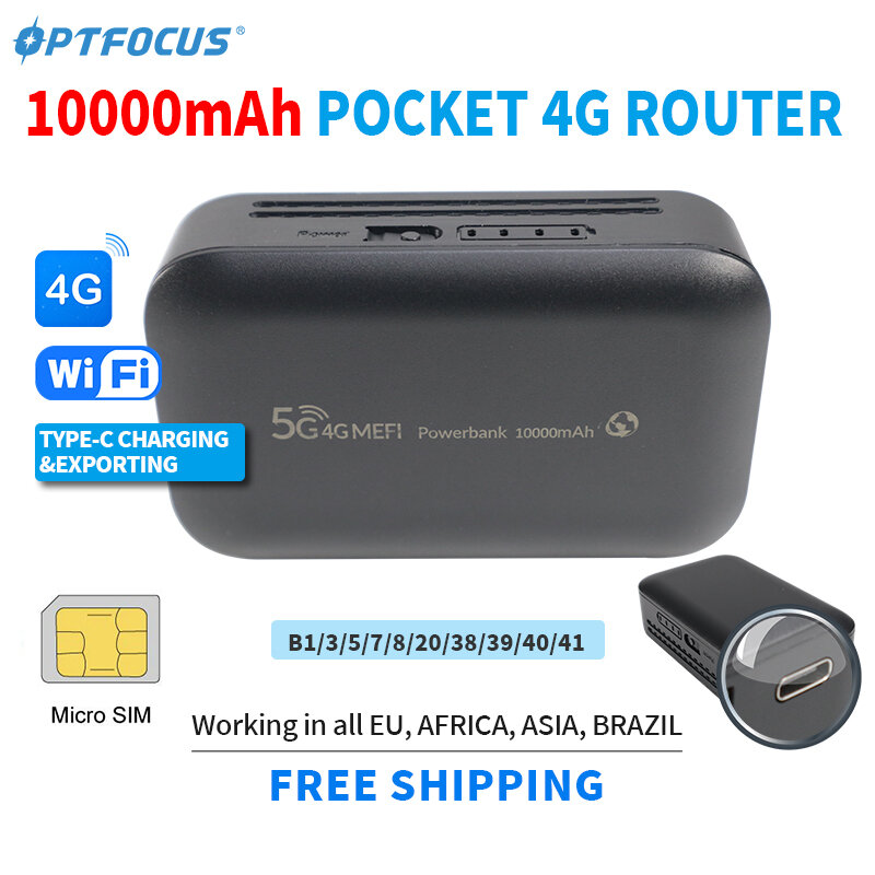Optfocus-جهاز توجيه لاسلكي محمول ، مودم 4G LTE ، USB TYPEC ، بطاقة SIM 4G ، 10000mAh ، مودم Mifi ، نقطة اتصال واي فاي صغيرة