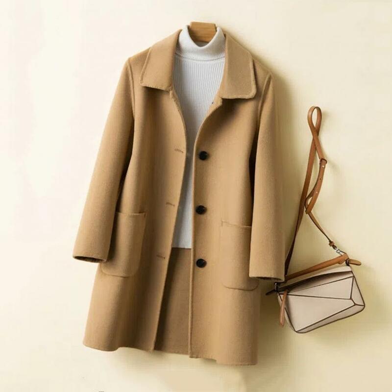 معطف متوسط الطول للنساء مع جيوب طية صدر واحدة ، سميكة ، مقاومة للبرد ، أحادية اللون ، سيدة أنيقة ، الخريف ، الشتاء