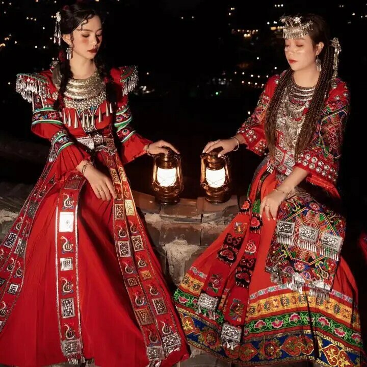 جديد أحمر Hmongb فستان المرأة الزفاف الربيع التقليد مياو القماش الشعبية الصينية
