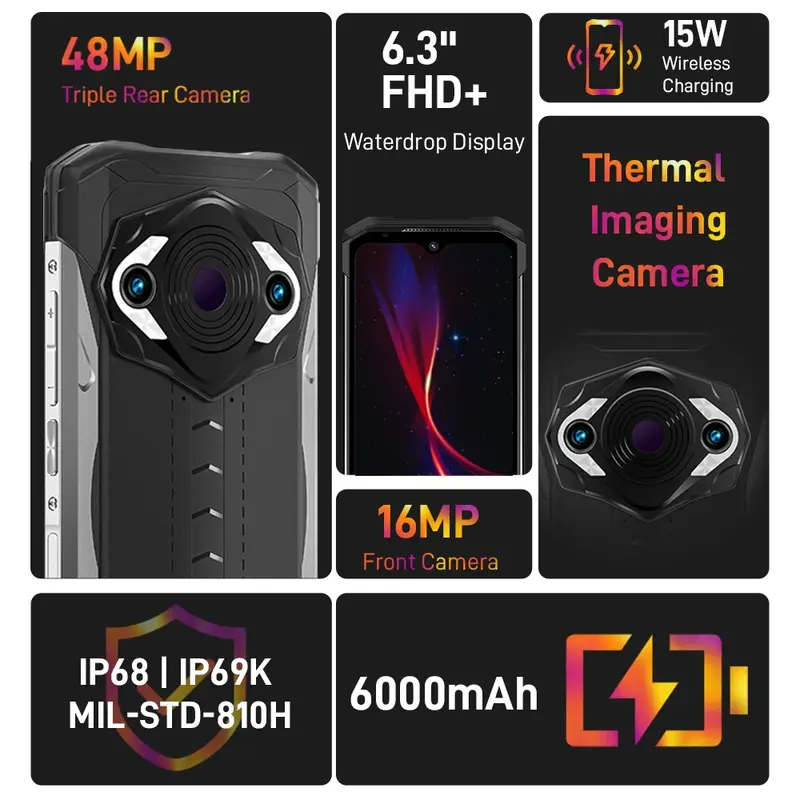 DOOGEE S98 Pro هاتف قوي 8 + 256GB كاميرا تصوير حراري 20 ميجابكسل رؤية ليلية هاتف هيليو G96 6.3 بطارية 6000mAh