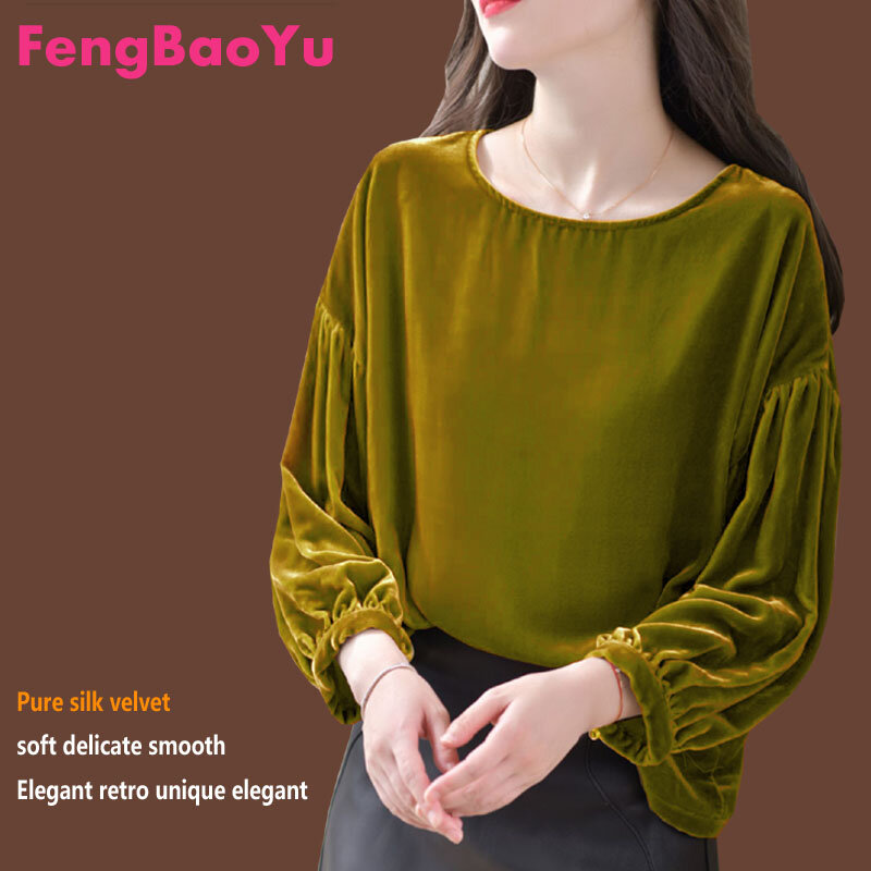 Fengbaoyu الحرير المخملية سيدة الربيع الخريف الياقة المستديرة سبعة سنت فانوس كم تي شيرت الكورية بلوزات على الموضة النساء 5XL الملابس