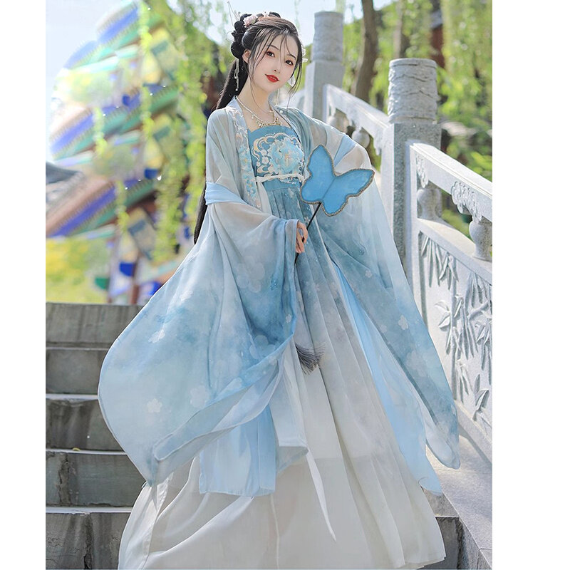 فستان أزرق صيني تقليدي للنساء ، هان ديناتسي هانفو للفتاة ، أميرة ، كم كبير عصري ، كيمونو ، كاب ، توبات مطرزة ، تنورة