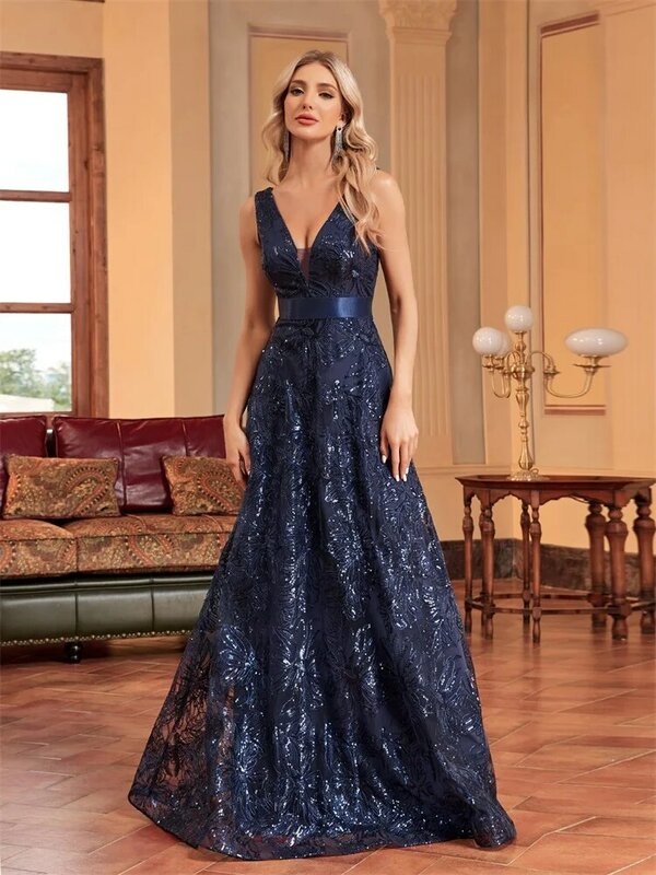Lucyinlove-فستان سهرة مثير بياقة على شكل V عميق مزين بالترتر ، فستان أزرق أنيق ، على شكل حرف V من الخلف ، حفلة زفاف ، حفلة موسيقية طويلة ، كوكتيل ، فاخر