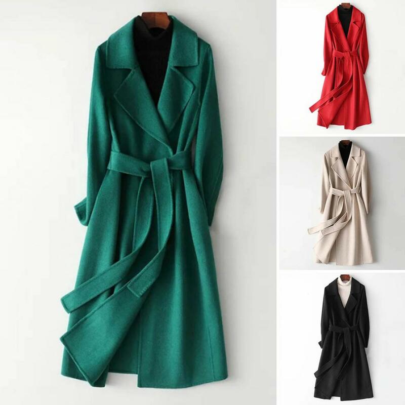 معطف نسائي صوفي متوسط الطول بخصر قابل للتعديل ، معطف أنيق ، مقاس ضيق ، معطف طية صدر السترة ، خريف