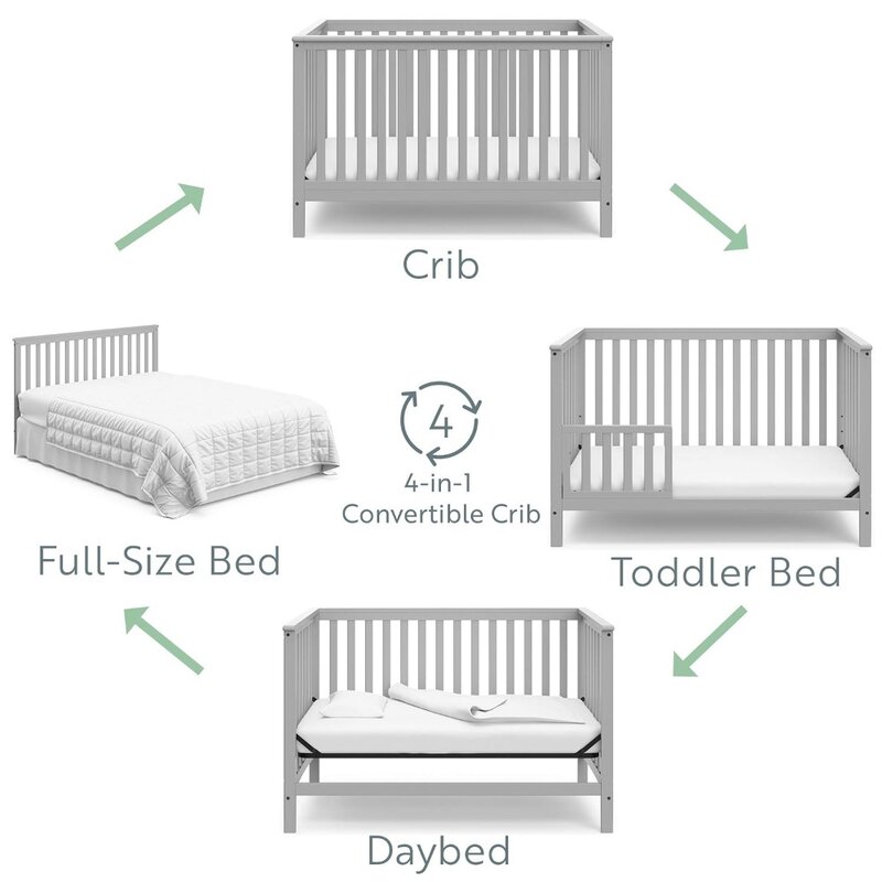 سرير Storkcraft-سرير قابل للتحويل للأطفال ، 4 في 1 ، يناسب المعيار ، رمادي حصاة ، يتحول إلى سرير نهاري ، سرير كامل الحجم