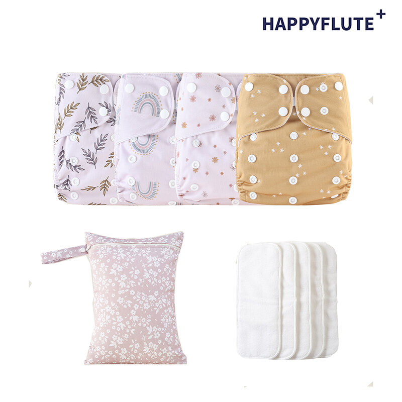 HappyFlute الحصري 4 قطعة حفاضات قابلة للغسل وقابلة لإعادة الاستخدام البيئية للطفل + 1 قطعة كيس مقاوم للماء