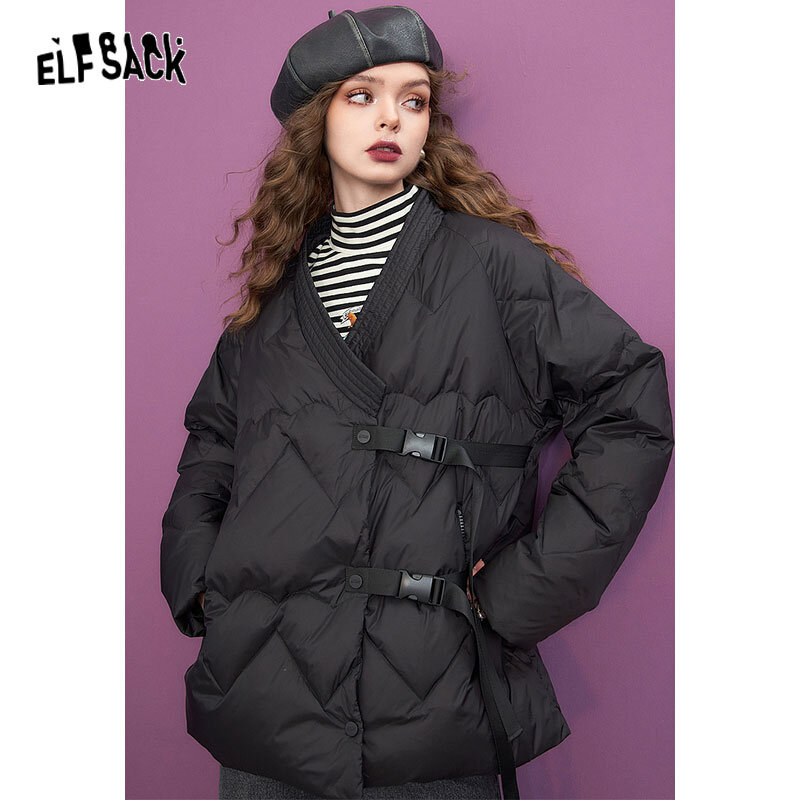 ELFSACK-أسود أسفل المعاطف للنساء ، النمط الصيني ، فضفاض تصميم السترات ، جديد ، الشتاء ، 2023