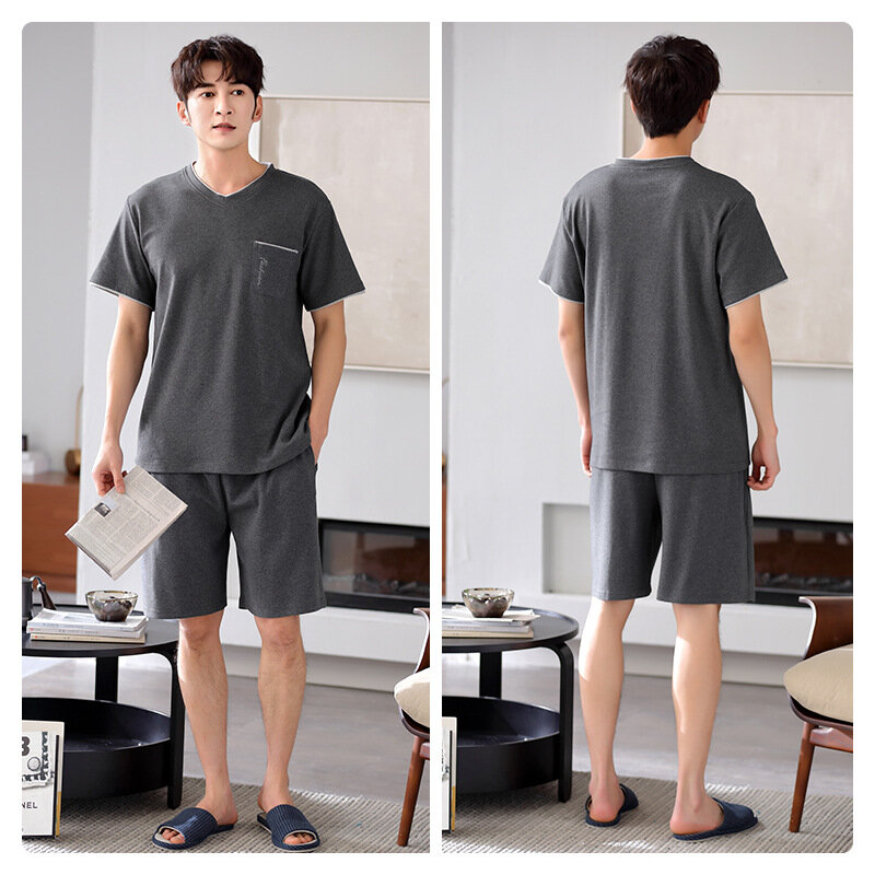 2022 New Summer Men's Pajamas Cotton Short Sleeved Shorts Pullover Thin Cotton Home Clothes Solid Color Suit V-neck Pocket M-4XL