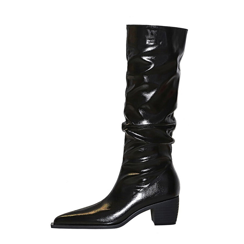 ZOOKERLIN-وأشار مطوي أحذية جلد طبيعي للنساء ، أسود مثير الأحذية ، كعب سميك ، طول الركبة ، الخريف ، الشتاء ، جديد