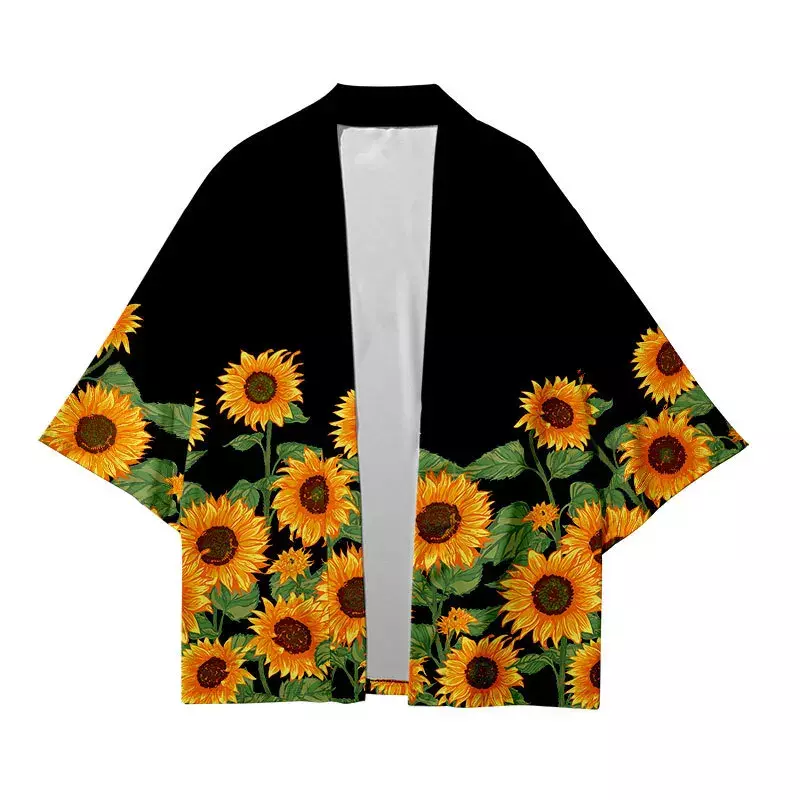 رداء هاوري تقليدي للرجال والنساء ، ملابس الشارع هاراجاكو ، كيمونو ياباني ، يوكاتا ، سترة تنكرية ، طباعة عباد الشمس ، قميص عصري