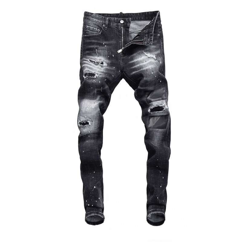 بنطلون جينز للرجال بتصميم كلاسيكي باللونين الأسود والرمادي بتصميم ممزق مرن من الجلد للرجال سراويل للرجال ماركة هيب هوب