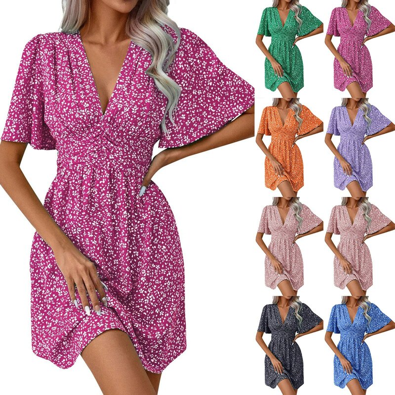 فستان قصير الأكمام للشاطئ للنساء ، فساتين غير رسمية للعطلات ، تصميم فاخر ، صيفي