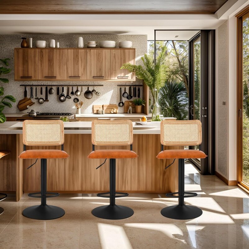 فينهومي-مقاعد بار راتان حديثة ، مجموعة من 2 ، تصميم منسوج طبيعي ، مقعد دوار ، مسند للقدمين ، مسند ظهر قصب ، ارتفاع قابل للتعديل ب