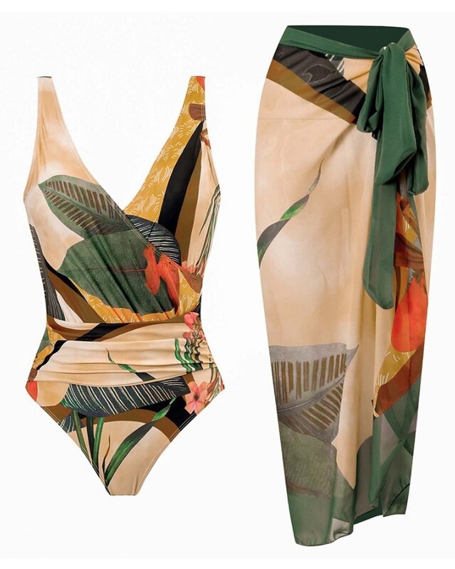 بدلة جسم نسائية غير رسمية لاسلكية ، ملابس سباحة شيفون قطعة واحدة ، تغطية تفصيلية مربوطة ، طباعة نباتية ، الصيف