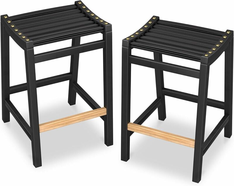 مقاعد بار من الخيزران الأسود الكلاسيكي ، مجموعة من 2 ، مقاعد عالية الارتفاع مع مسند ظهر ، عدد أنيق ومريح ، 24"