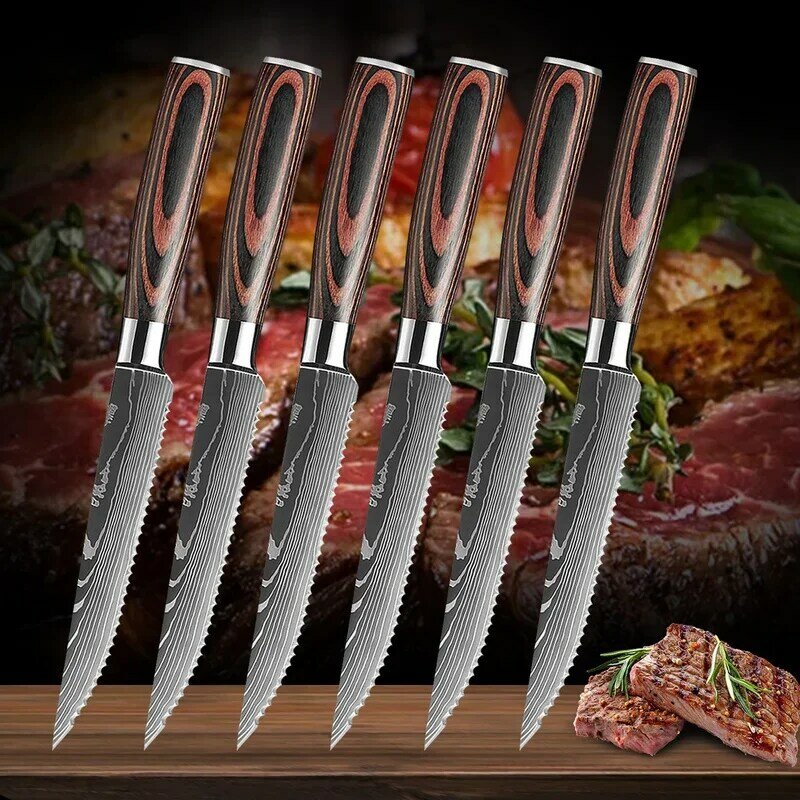 6 قطعة الفولاذ المقاوم للصدأ مسننة سكين لحوم شفرة حادة دمشق نمط الفولاذ المقاوم للصدأ مسننة سكين سكين لحوم