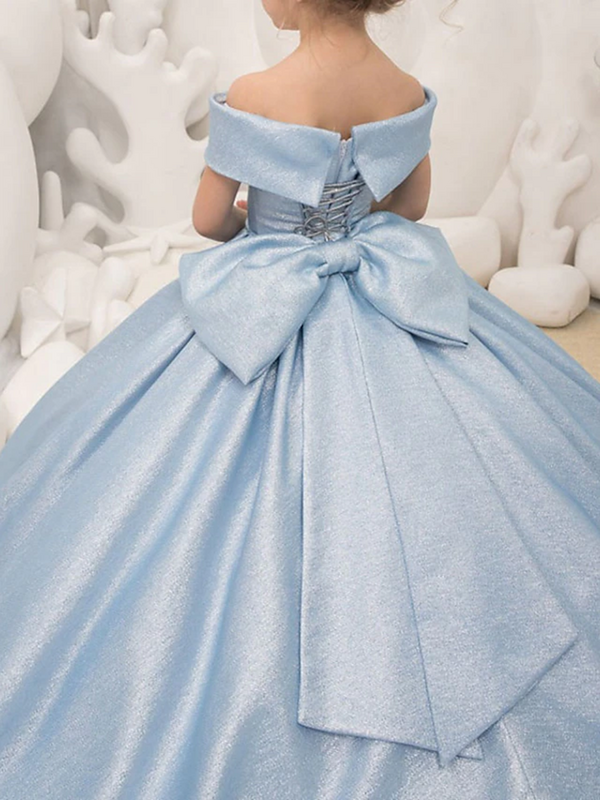 فستان فتاة الزهور الأزرق 2023 أنيق الأميرة الساتان الكرة ثوب للأطفال فستان حفلة عيد ميلاد بسيط القوس الأول بالتواصل