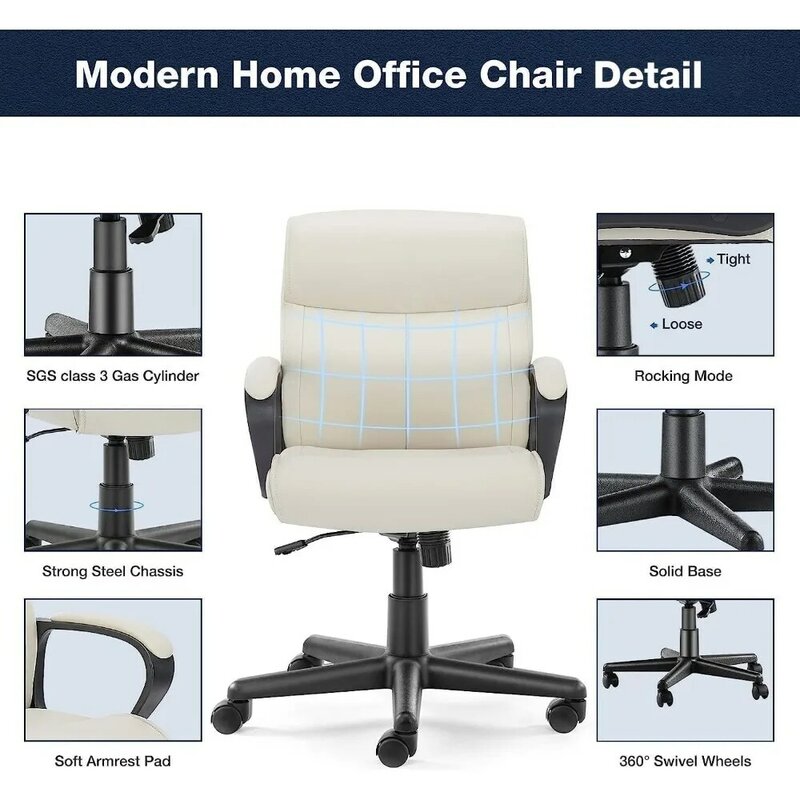 كرسي مكتب تنفيذي من الجلد مع مساند للذراعين مبطنة ، ارتفاع قابل للتعديل ، دوار بدرجة ، دعامة قطنية