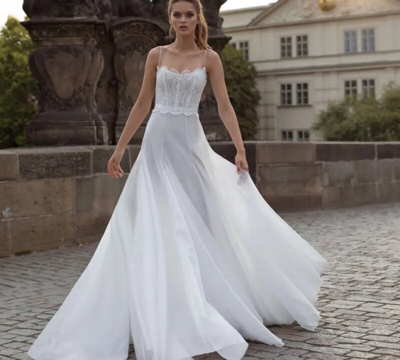 فستان زفاف بسيط بطول على شكل حرف A ، أحزمة معكرونة مثيرة ، مزين بالدانتيل ، فستان زفاف ، أبيض ، جديد ، spown