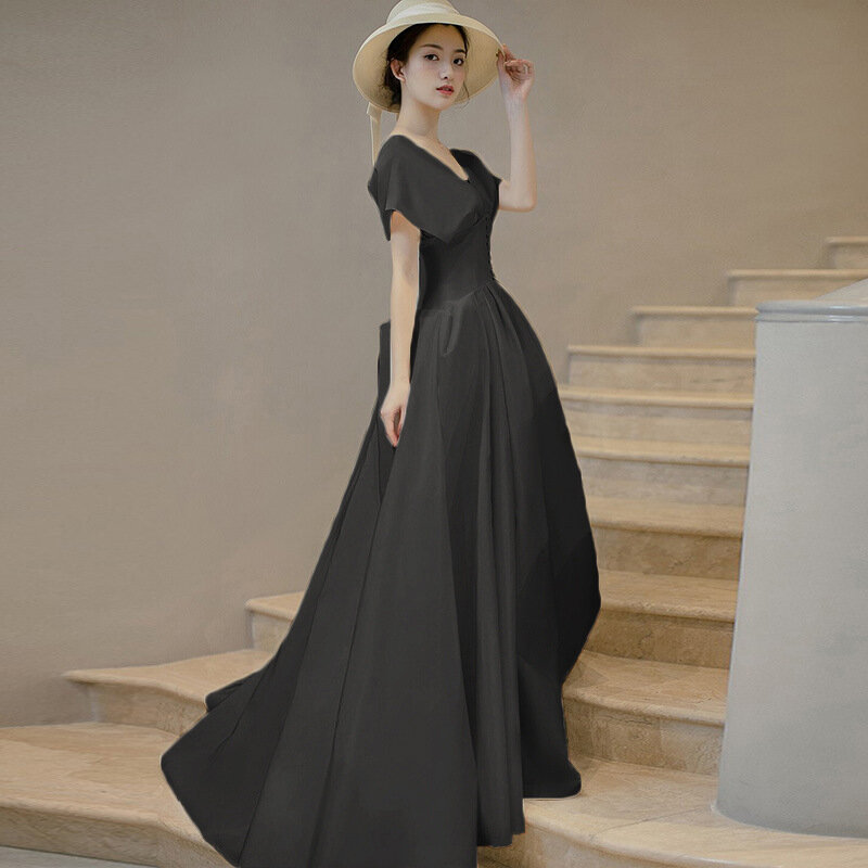 النمط الفرنسي المرأة فستان رسمي الخامس الرقبة بلون الساتان ثوب مسائي أنيق بسيط طول الأرض مأدبة Vestidos