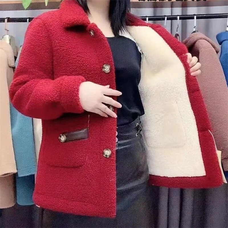 Winter Jacket Velvet Thick Warm Coat Women Lamb Fur Coat Mid-Long Lady's Grain Velvet Loose Coat 2022 New Female Jacket