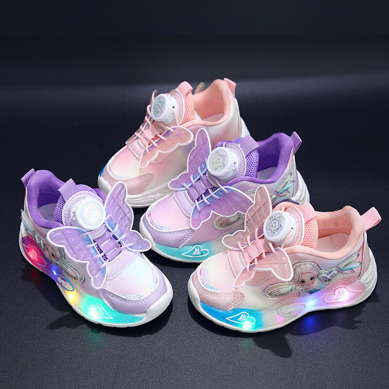 حذاء جلد Bowknot LED من ديزني-بنات ، أحذية رياضية من إلسا برينسيس مجمدة ، مضاءة ، مانعة للانزلاق ، أرجواني ، كاجوال ، ربيعي ، مقاس 21-30
