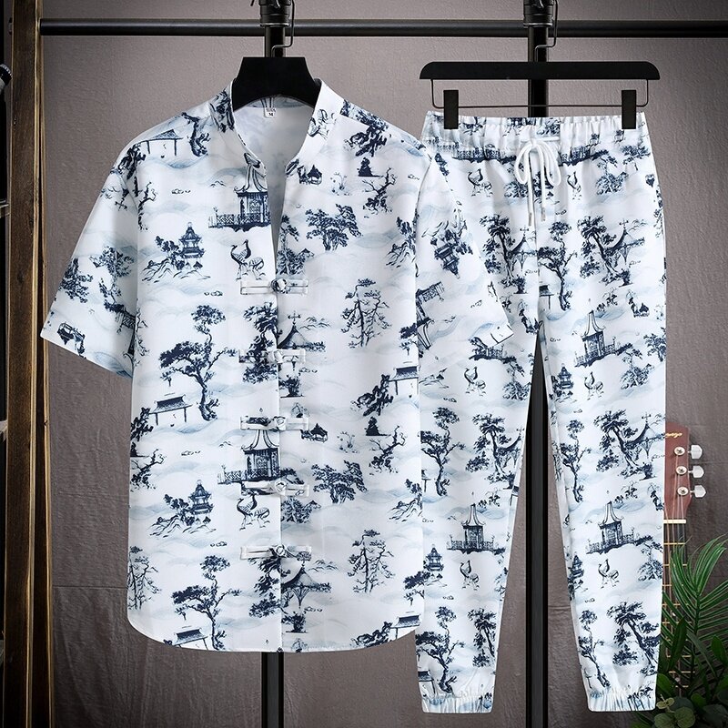 2-Piece الجليد الحرير النسيج قميص و بنطلون دعوى للرجال ، قصيرة الأكمام قميص ، عادية مرونة الخصر القمصان ، الصيف ، M-5XL ، 2023