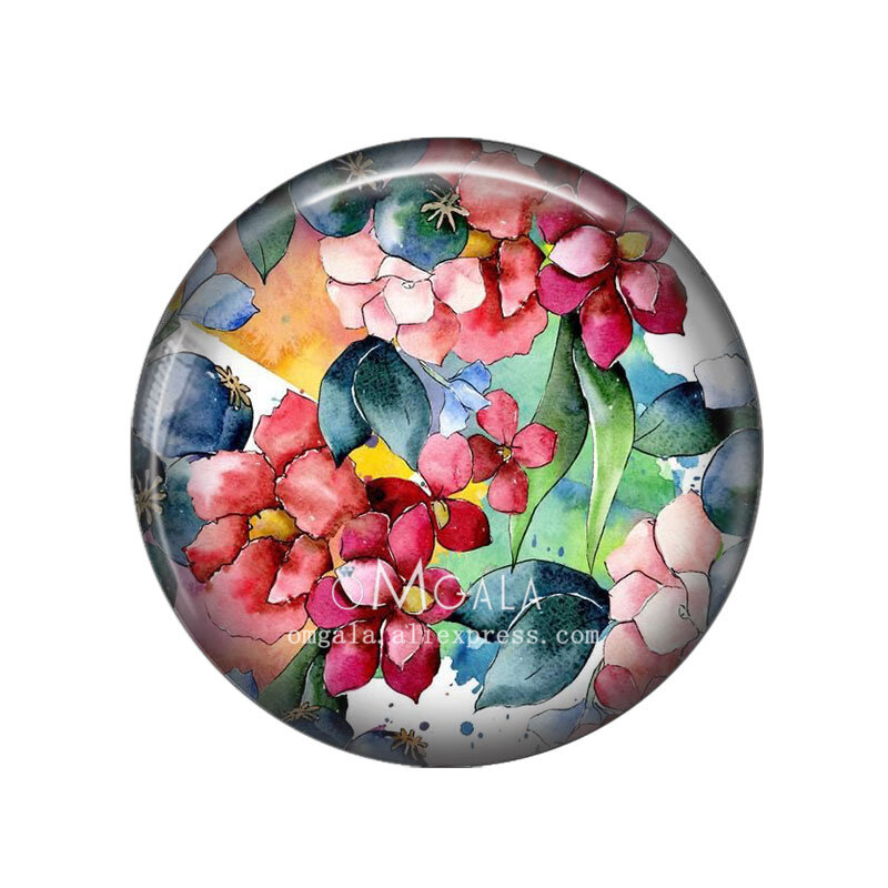 ألوان مائية للربيع ، زهور جميلة ، صورة مستديرة ، كابوشون زجاجي ، ظهر مسطح ، صنع النتائج ، 12: 18: 50: 20: 50