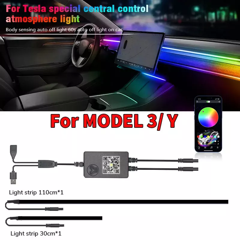 شريط إضاءة ليد نيون RGB لنموذج تسلا 3 Y ، لوحة القيادة المركزية ، الشحن اللاسلكي ، الإيقاع الموسيقي ، طاقة USB ، التحكم بالتطبيق