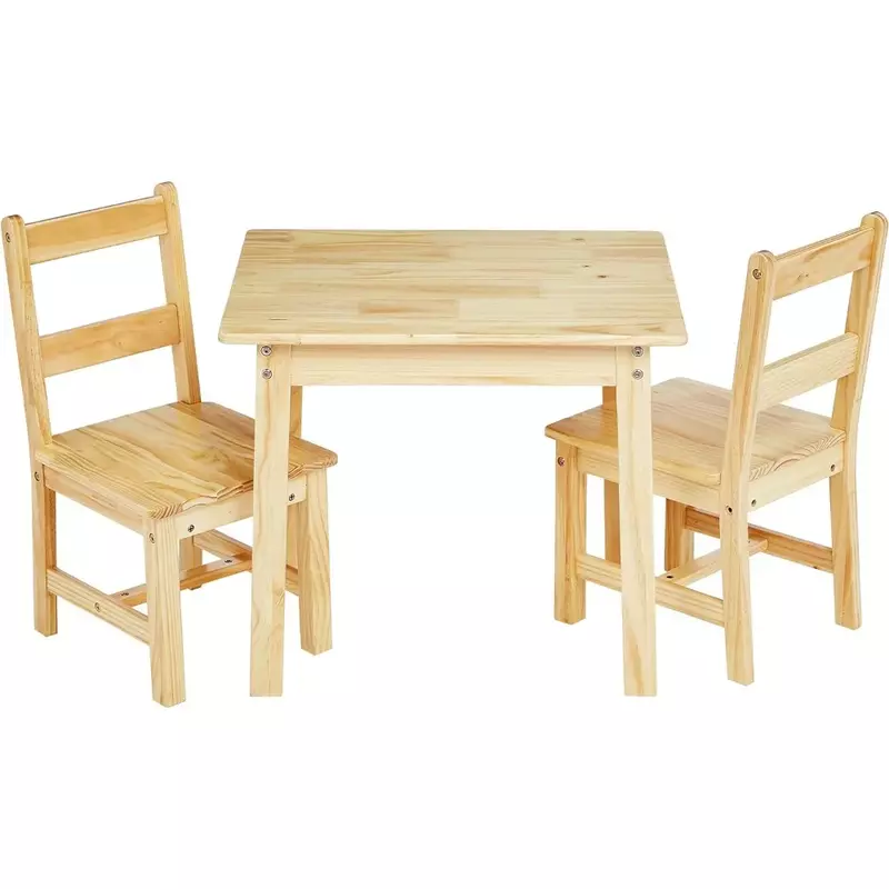طاولة من الخشب الصلب وكرسيين للأطفال ، خشب طبيعي ، 20x24x21 بوصة ، 3 * *
