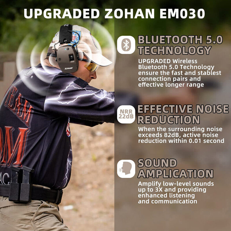 سماعات للأذنين من ZOHAN 5.0 تكتيكات إلكترونية مزودة بتقنية البلوتوث لحماية السمع تضخيم صوت مضاد للضوضاء لنطاق التقاط صوت الصيد