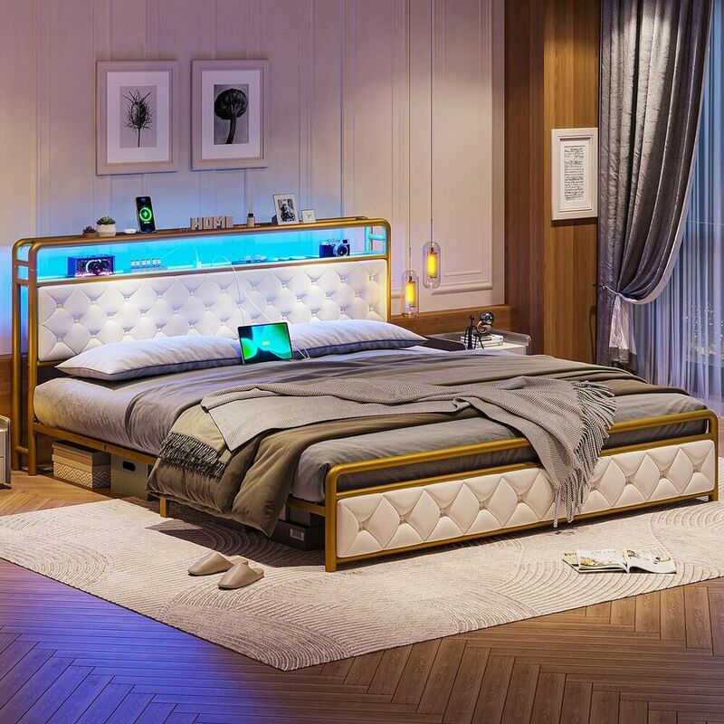 إطار سرير بحجم كينج مع لوح أمامي للتخزين ومصابيح ليد ، سرير منصة منجد