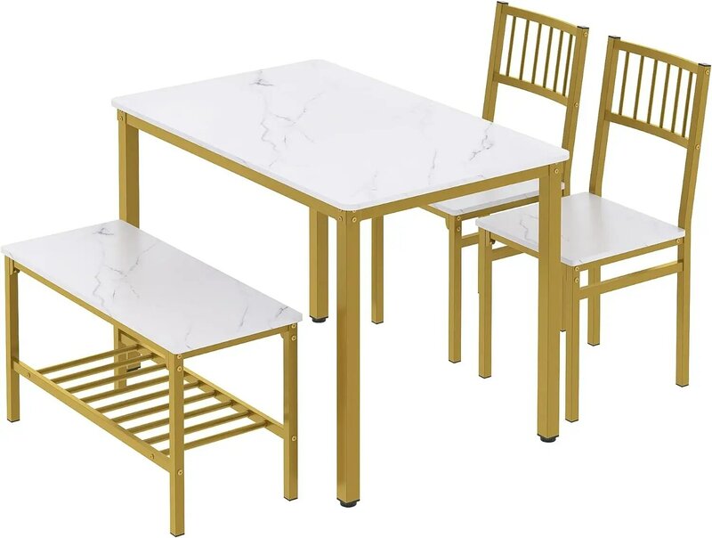 طاولة طعام رخامية بيضاء بإطار ذهبي ، مكتب كمبيوتر للمطبخ ، مقعدون ومقعد ، مجموعة 4 أشخاص