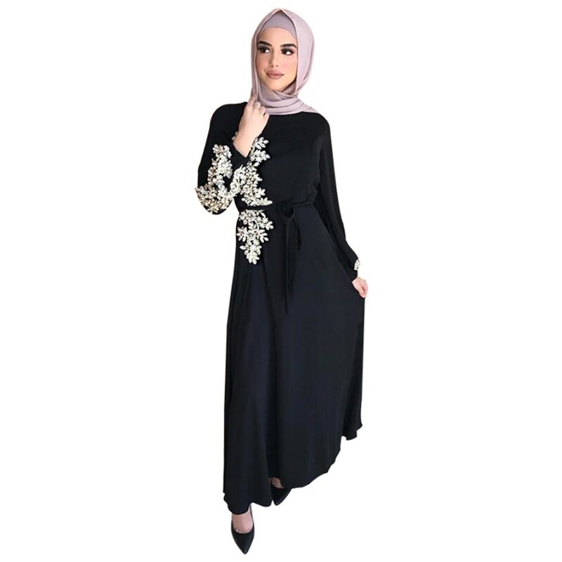 فستان طويل نسائي مزين بالخرز من الدانتيل الزهري ، عباية إسلامية ، قفطان بأكمام طويلة ، حجاب دبي