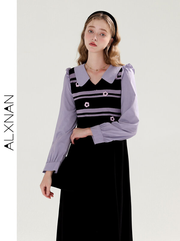 ALXNAN-فستان كاجوال مخطط مرقع للنساء ، فستان مزيف من قطعتين ، طية صدر فرنسية ، أكمام طويلة ، ملابس مكتب ، T00902 ، سيدة