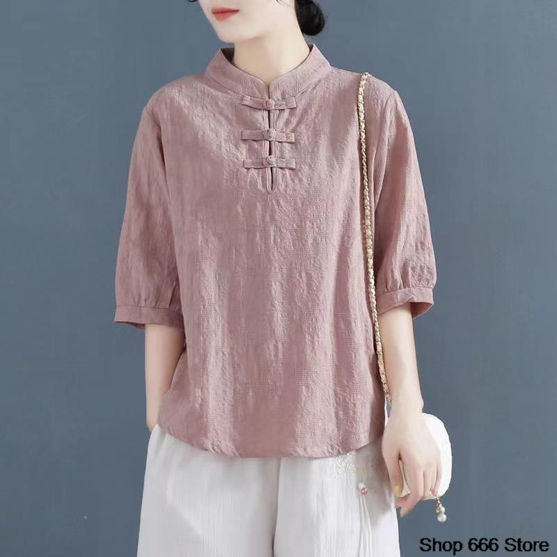 الصيف التقليدية الصينية الملابس النسائية تانغ Hanfu قميص الربيع الخريف بلوزة فضفاضة الترفيه قمة تي شيرت تقليدي خدمة الشاي