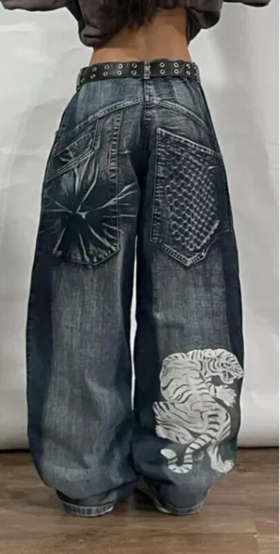 بنطال جينز أسود من الهارجوكو ، شارع Y2K عتيق ، خصر مرتفع غير رسمي ، جوكر مستقيم فضفاض ، تصميم ممتع ، تطريز ، جديد