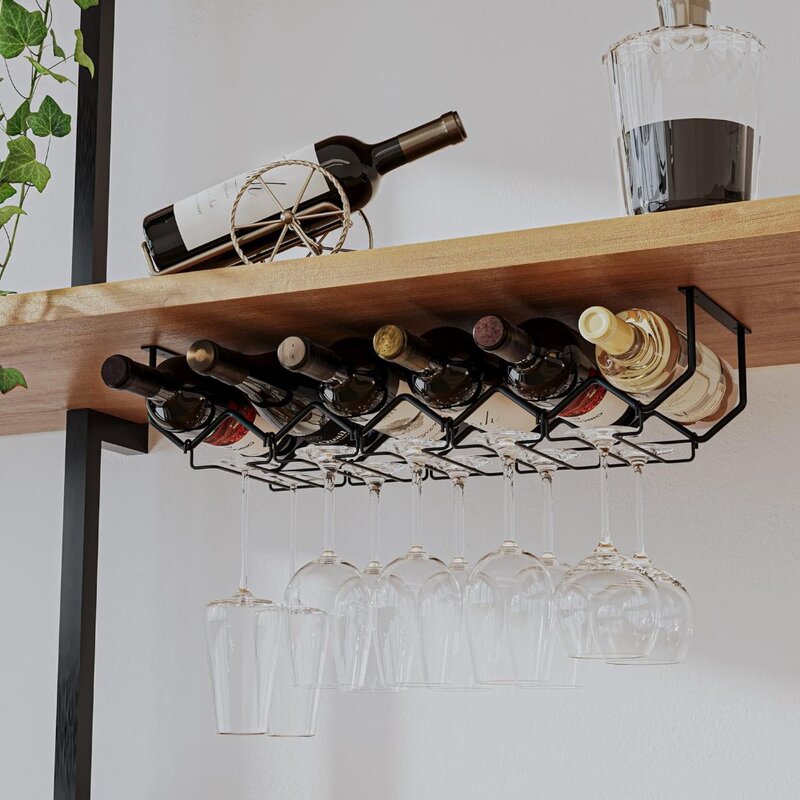 رف نبيذ أسود معدني وحامل نظارات ، تنظيم مطبخ مع منظم 6 زجاجات ، بيكولا تحت الخزانة