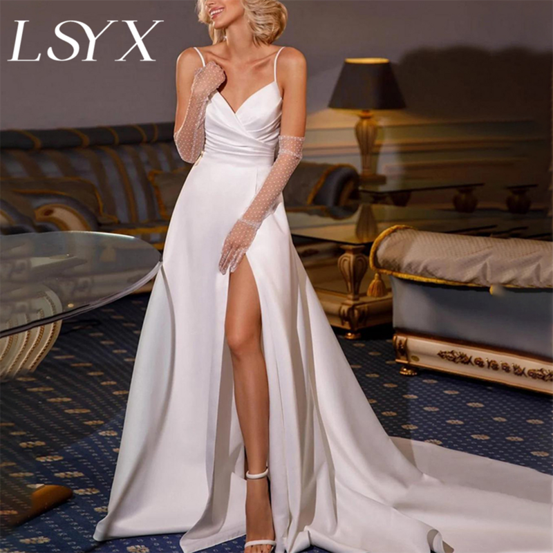 فستان زفاف من الساتان بدون أكمام من LSYX ، ثوب زفاف ، رقبة على شكل حرف V ، ثياب بلا أكمام ، فتحة جانبية عالية ، حسب الطلب ، قطار محكمة