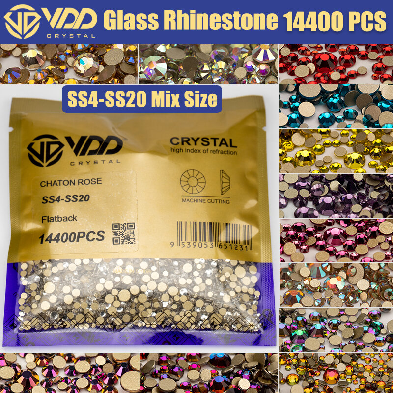 VDD 14400 قطعة بالجملة SS4-SS20 مزيج حجم الزجاج الراين كريستال غير الإصلاح الذهب الأحجار المسطحة لتقوم بها بنفسك مسمار الفن زينة