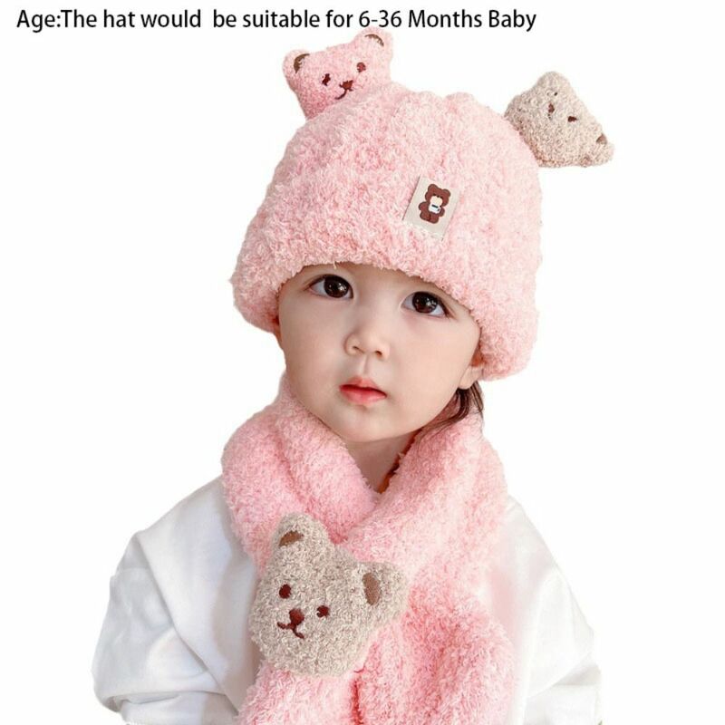 الكرتون الدب الطفل الشتاء قبعة و وشاح مجموعة ، حماية الأذن ، الدفء قبعة صغيرة ، سميكة أفخم الأوشحة ، الرضع طفل