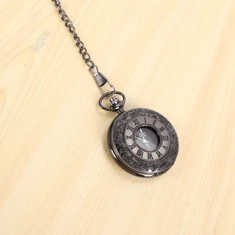 كوارتز قلادة ساعة الجيب ، قلادة Steampunk ، أسود ، الأرقام الرومانية ، هدية خمر ، 2 قطعة
