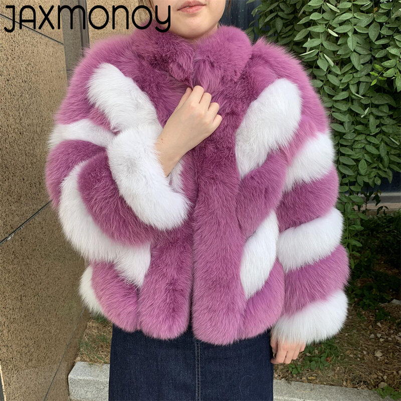 جاكسموني-معطف فرو ثعلب حقيقي للنساء ، جاكيت مخطط طبيعي ، أكمام كاملة ، ملابس خروج للسيدات ، وصل حديثًا ، موضة للخريف والشتاء