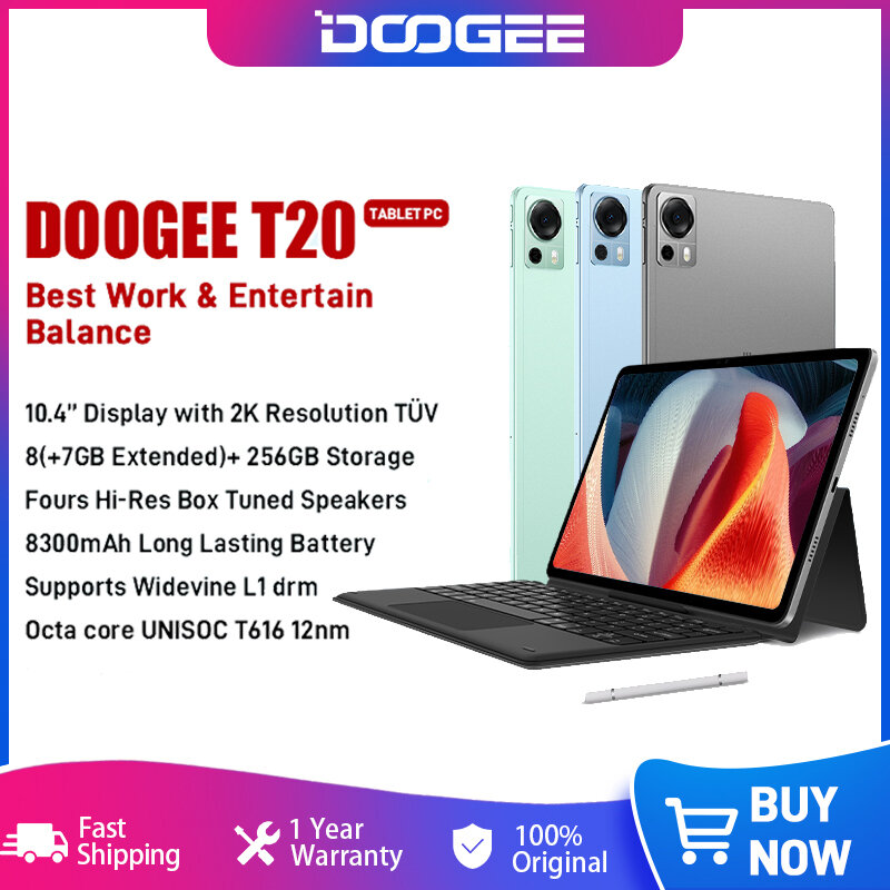 DOOGEE T20 جهاز لوحي بشاشة عرض معتمدة 10.4 بوصة 2K TÜV سعة 8 جيجابايت + 256 جيجابايت معالج ثماني النواة مع أربعة سماعات عالية الدقة بقدرة 8300 مللي أمبير في الساعة